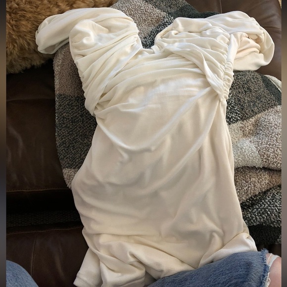 MISHA - Judi off the shoulder draped slinky mini dress. Cream color size US 6 - Picture 5 of 8